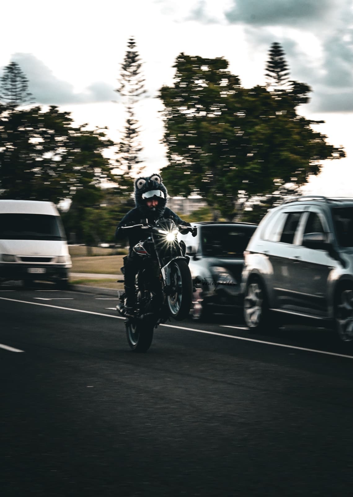 Daniel pulling a wheelie on his motorbike